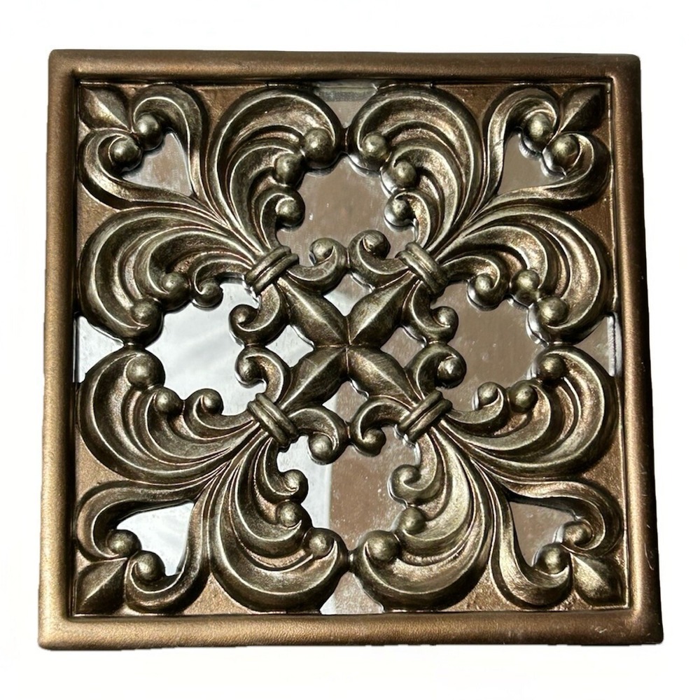 Fleur De Lis Mirrored Wall Plaque Ornate Bronze Scrollwork Square Decor Art